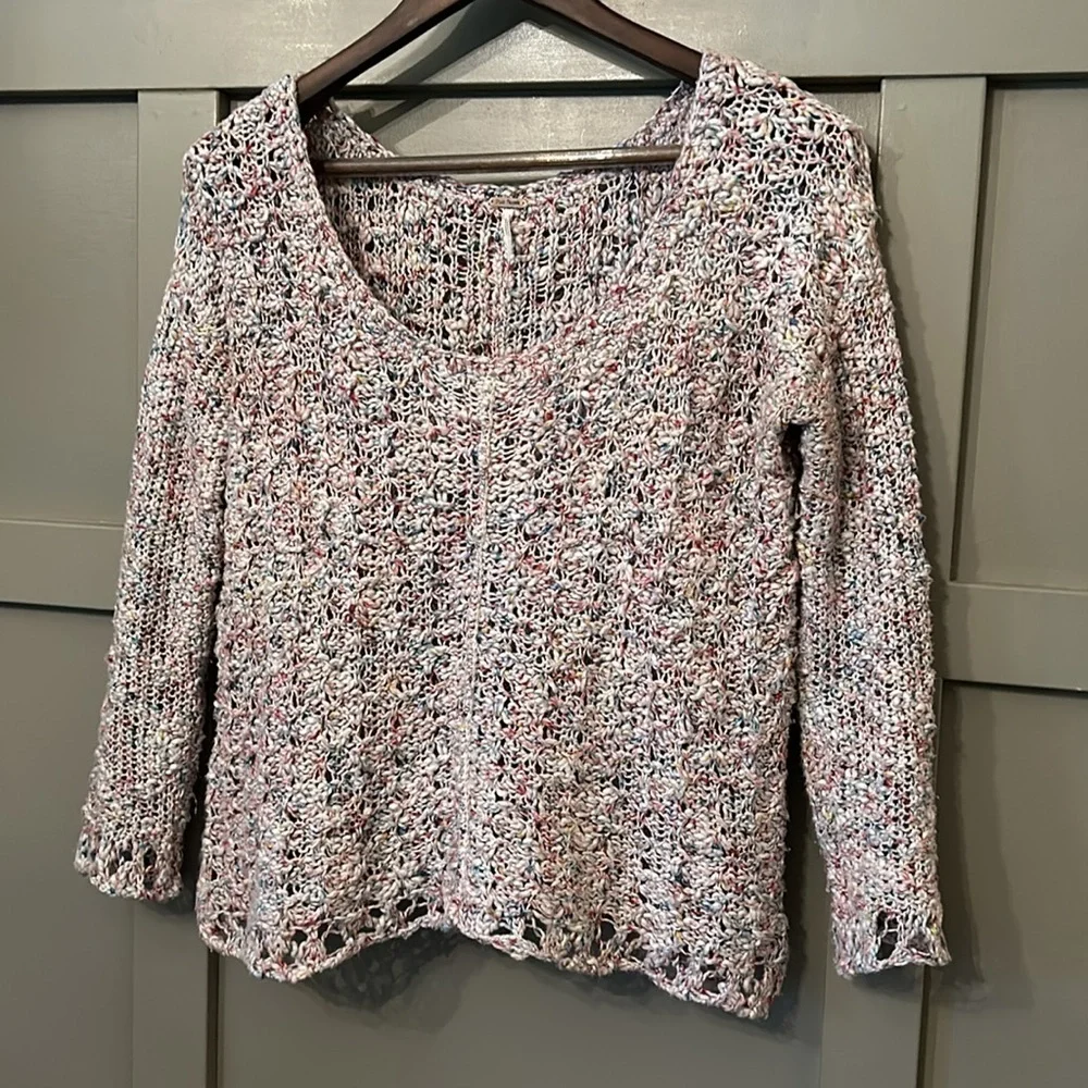 Free People Rainbow Speckle Open Knit Crochet Sweater Scoop Neck Cotton Size XS